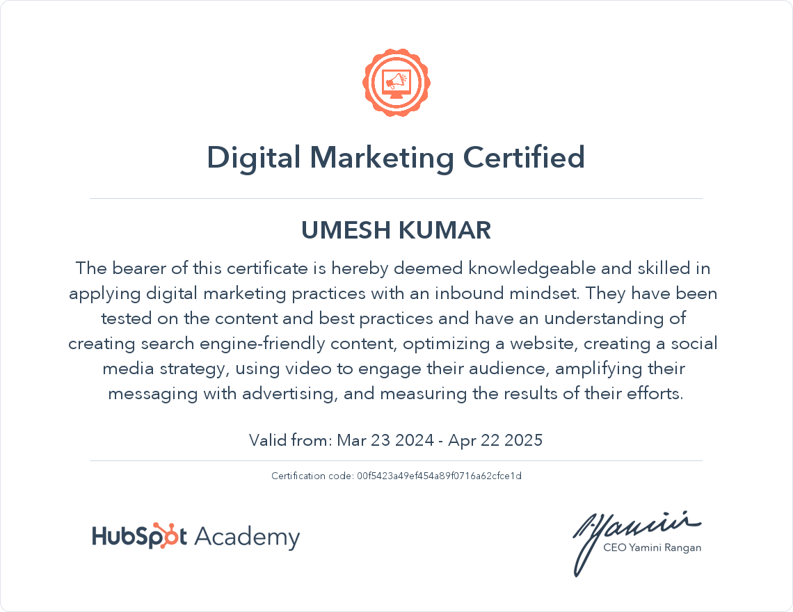 Digital Marketing Certification by HubSpot Academy